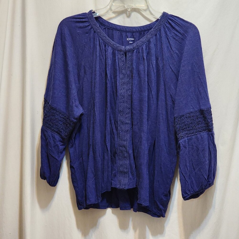 New Directions Blue Keyhole Neckline Gathered Sleeves Knit Blouse Top XL